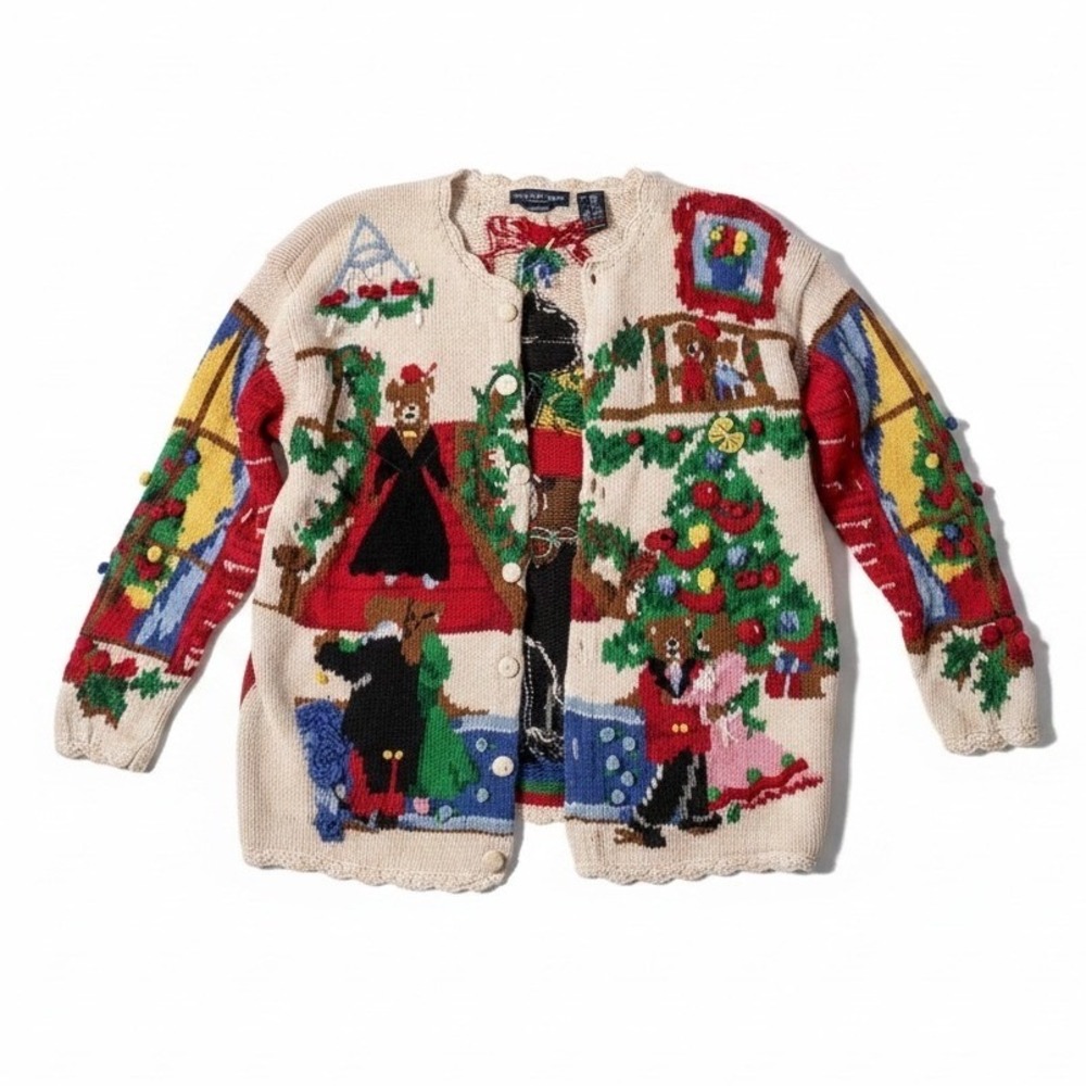 Vintage 1994 Eagles Eye Hand Knit Christmas Bear Cardigan Sweater XL Grandmacore